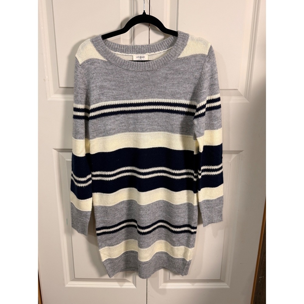 Umgee USA Womens Striped Knit Sweater Dress Grey Cream Navy Long Sleeve Large